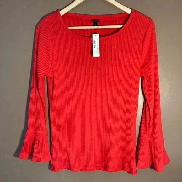 NWOT J. Crew red peplum  long sleeves ribbed tee - Picture 1 of 4